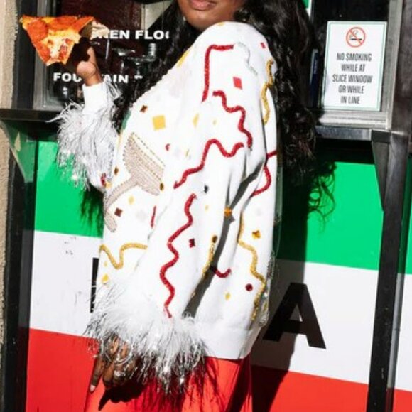 Queen Of Sparkles White Oversized Champagne Popping Feather Sleeve Sweater - Picture 4 of 4